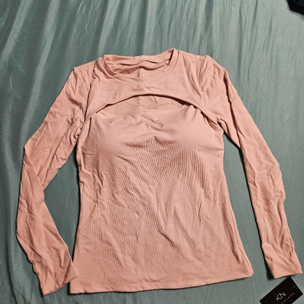 Peek-A-Boo Long Sleeve Cream / L Built-In Bra Top